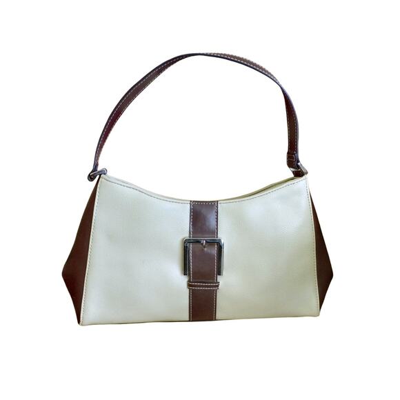 Mondani New York Handbags - Mondani Bag Buckle Accent Tan and Brown Top Handle Bag